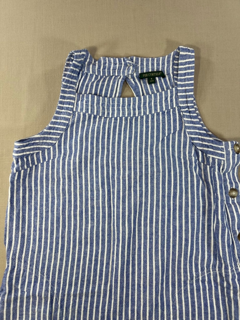 For Cynthia Women’s Blue White Stripe Linen Sleeveless Shift Dress Side Buttons - Picture 8 of 16
